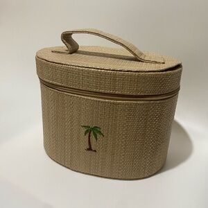 Vintage Tan Woven Cosmetic Case Palm Tree Embroidery With Mirror Inside